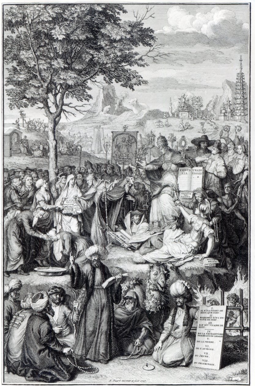 The Principle Religions of the World, illustration från "Religiösa ceremonier och seder", 1727 av Bernard Picart