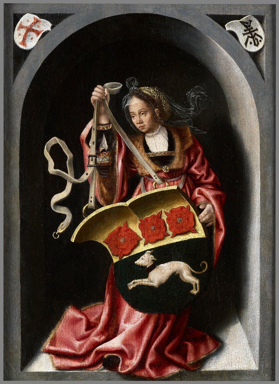 Lady holding an heraldic shield within a painted niche av Bernard van Orley
