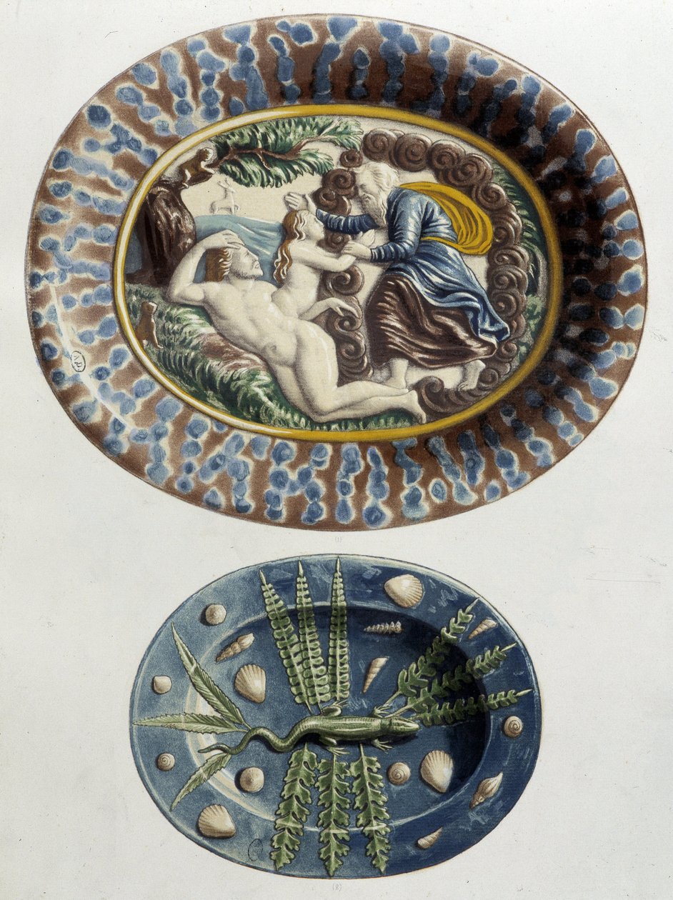 Gud skapar Eva av Adams lår; Lizard - Keramiska fat, i "The work of Bernard Palissy" av C. Delange och C. Borneman, Paris av Bernard (after) Palissy