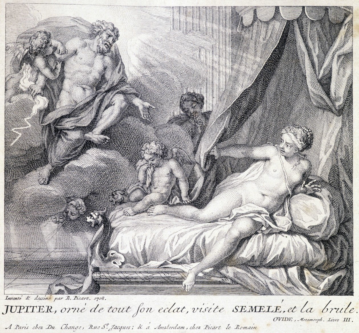 Jupiter (Zeus) bränner Semele med sin blixt. Gravyr av 1700-talet efter teckningen av B. Picart gjord 1708. av Bernard (after) Picart