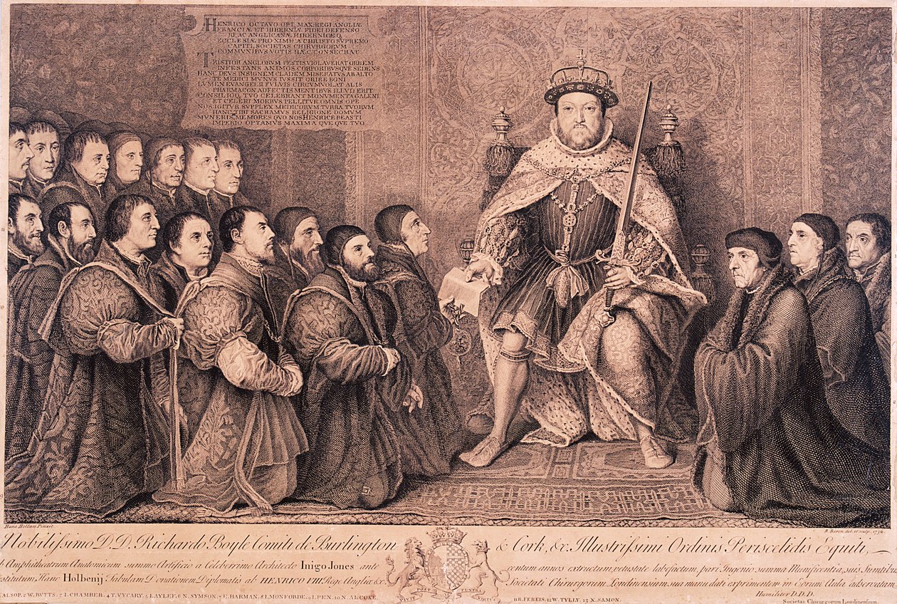 Kung Henrik VIII omgiven av knästående figurer, 1736 av Bernard Baron