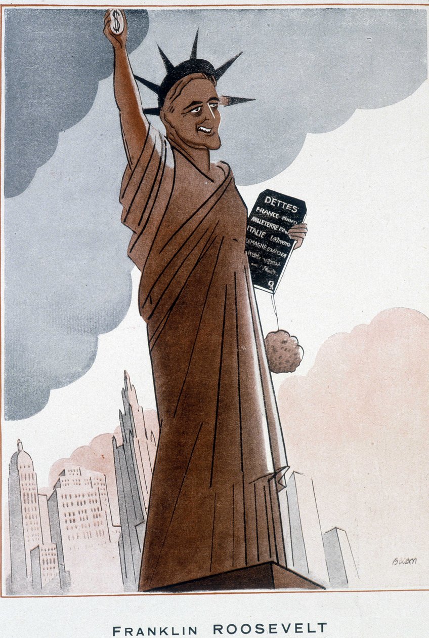 Tecknad av Franklin Roosevelt i Frihetsgudinnan - Illustration av Bernard Becan (Bernhard Kahn) (1890-1943) I "" Fantasio""" från 1932-12-01 av Bernard Becan