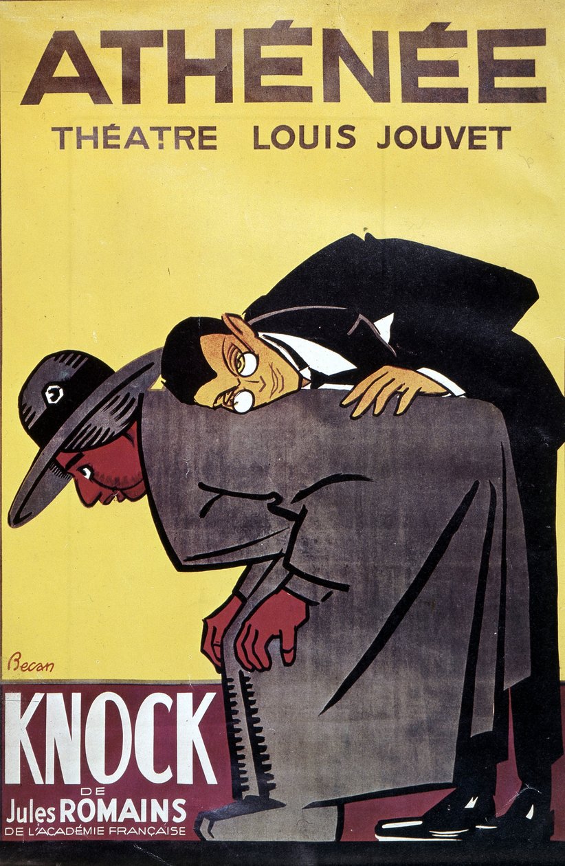 Affisch av "Knock" av Jules Romans på Theatre Louis Jouvet "Athenee", av Bernard Becan (Bernhard Kahn) (1890-1943) av Bernard Becan