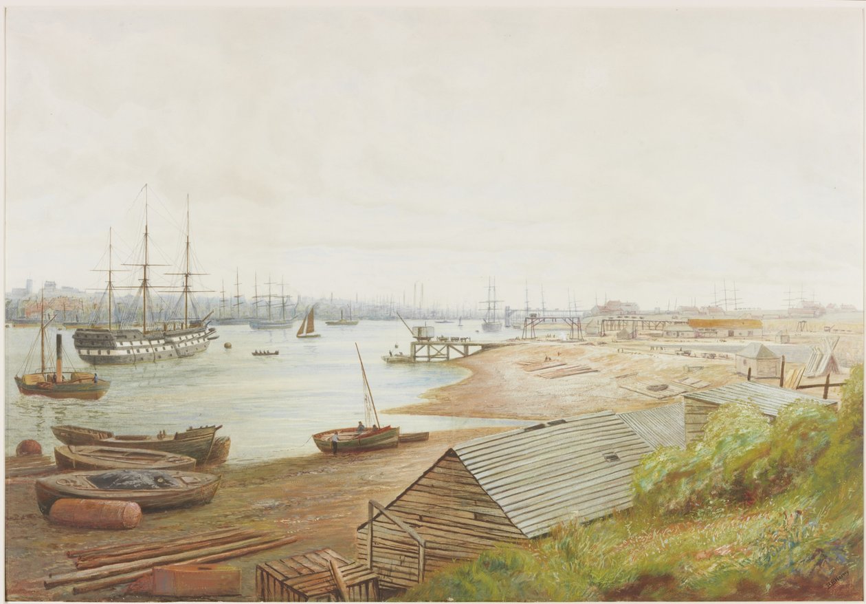 En livlig flodscen med många kärl (penna, akvarell och kroppsfärg på papper) av Bernard Benedict Hemy