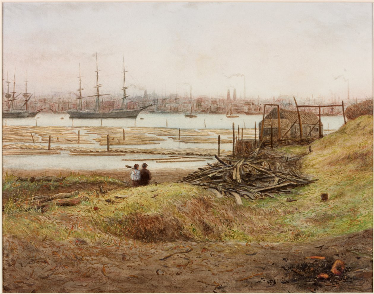 Shipping and Boatbuilding on the Tyne (penna och akvarell på papper (klistrad på papper)) av Bernard Benedict Hemy