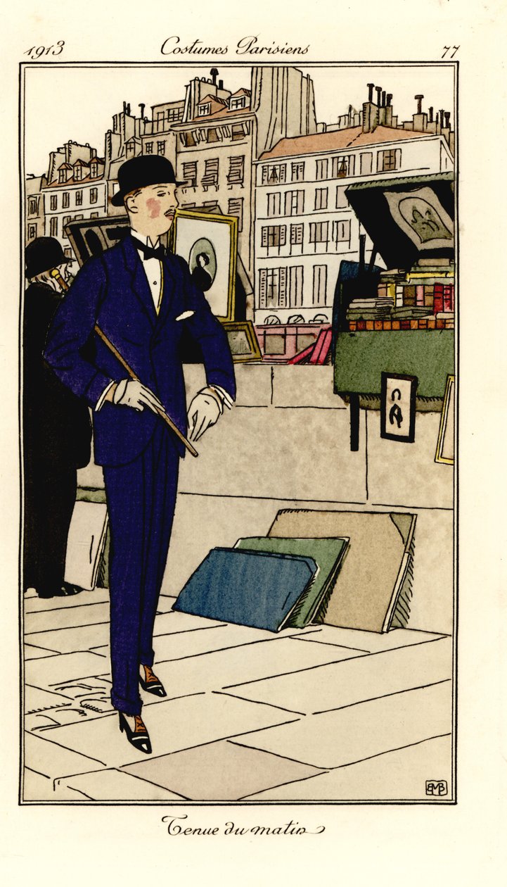 Man i kostym, bowlerhatt och käpp går förbi bokhandlare på Seine. Morgon outfit. Handfärgad pochoir (stencil) etsning efter en illustration av Bernard Boutet de Monvel från Tommaso Antonginis Journal des Dames et des Modes, Aux Bureaux du Journa av Bernard Boutet de Monvel