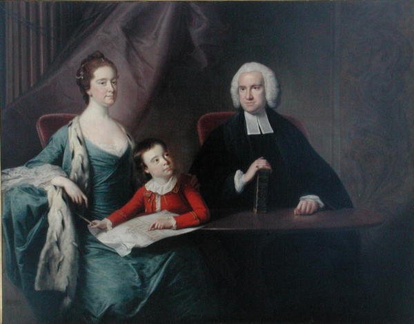 Porträtt av pastor John Fountyne (1741-1802) av Melton-on-the-Hill, hans fru, Ann och deras son, Thomas, tidigt 1760-tal (olja på duk) av Bernard Downes