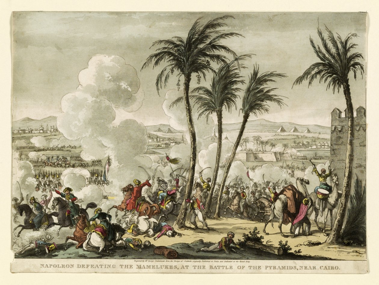 Napoleon besegrar mamelukerna i slaget vid pyramiderna, nära Kairo, graverad av George Cruikshank (1769-1823), pub. 1823 (handkolorerat gravyr) av Bernard Edouard Swebach