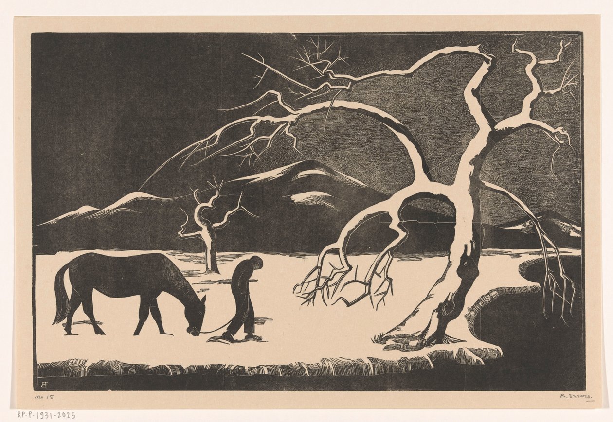 Man med häst i snön av Bernard Essers (signed by artist)