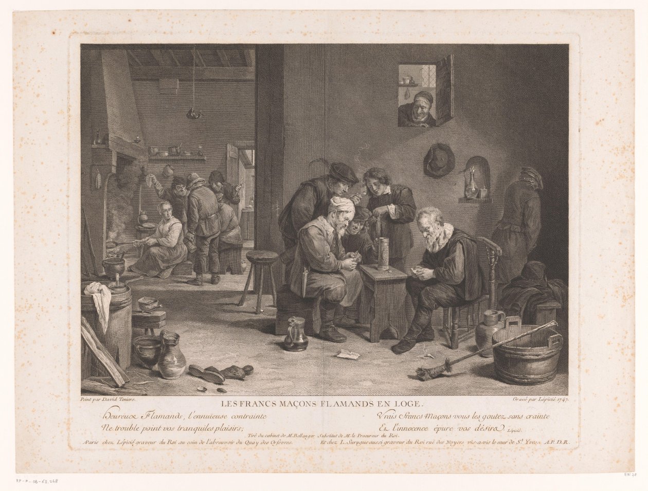 Värdshusinteriör med kortspelande figurer Les Francs Maçons Flamands en Loge (titel på objekt) av Bernard François Lépicié