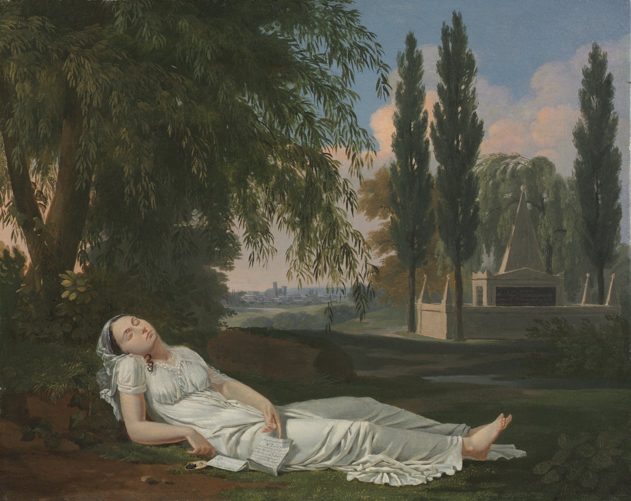 Sovande kvinna i ett landskap med ett brev, ca 1800 (olja på duk) av Bernard Gaillot