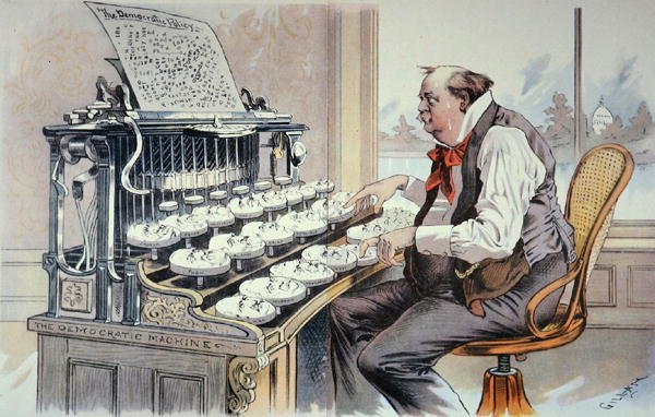The Administration Typewriter, tecknad serie för tidningen "Judge" som visar Grover Cleveland bygga sin plattform för sin andra mandatperiod av Bernard Gillam