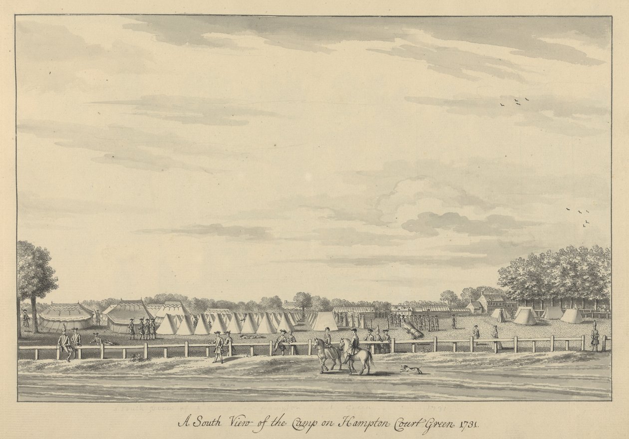 En södervy av lägret på Hampton Court Green 1731, 1731-33 (penna & svart bläck och tvätt på lagt papper) av Bernard III Lens