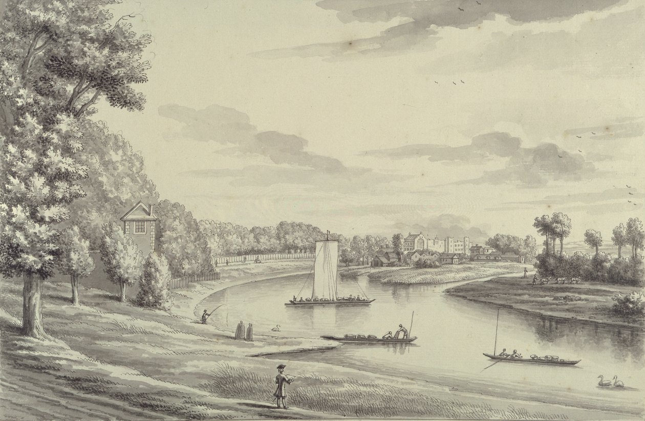 A West View of Hampton Court Ferry och Hampton Church at a Distance, 1731-33 (penna & svart bläck och tvätt på lagt papper) av Bernard III Lens