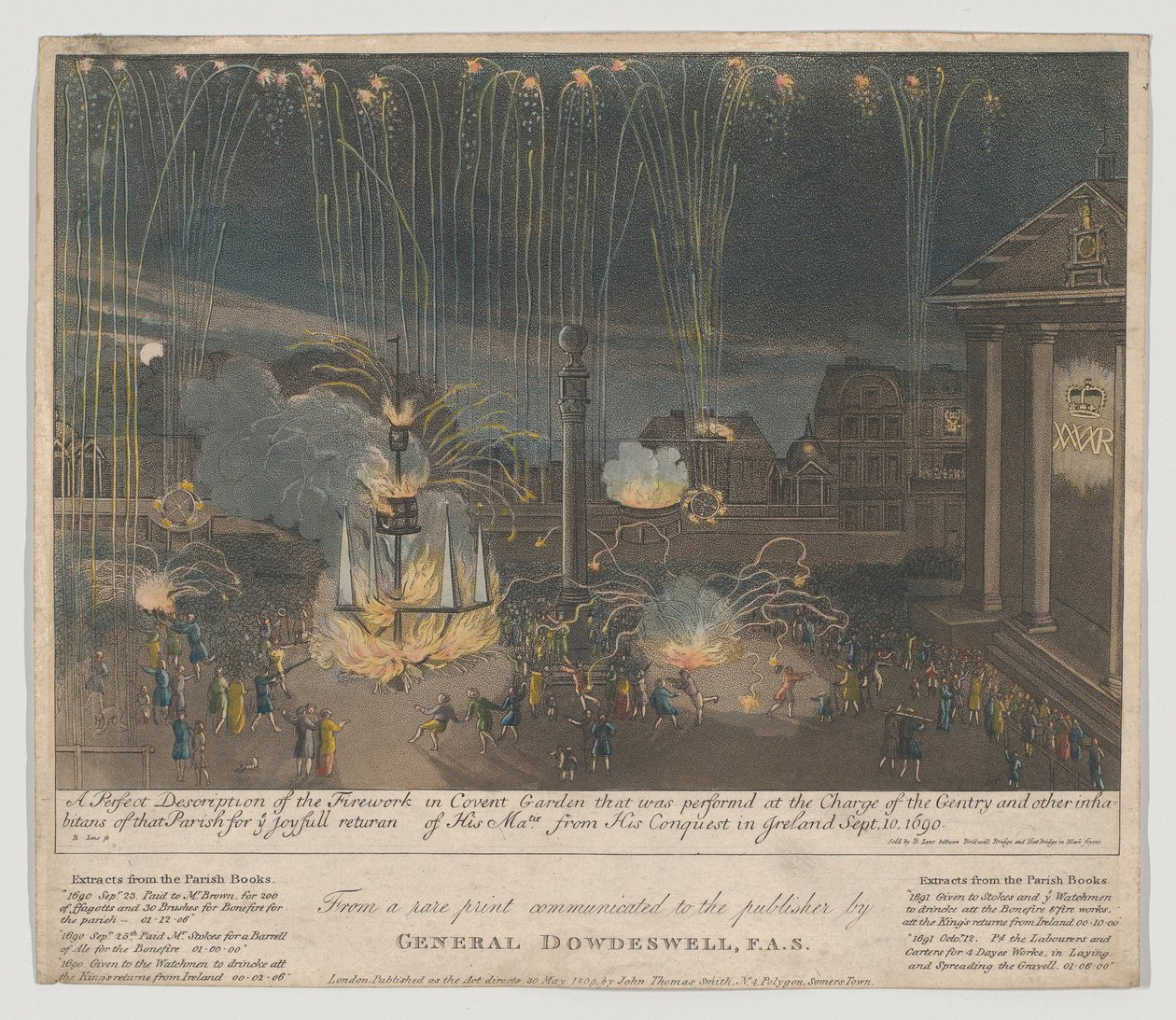Fyrverkerier i Covent Garden, 1809 (etsning och akvatint, handfärgad) av Bernard II Lens