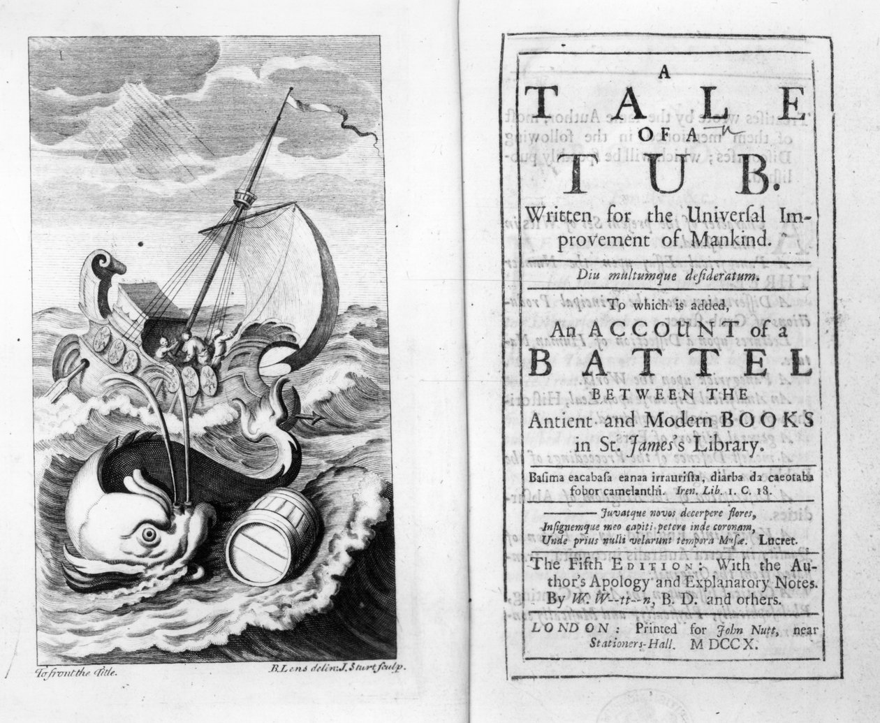 Frontispice och titelsida till A Tale of a Tub av Jonathan Swift, graverad av John Sturt, 1704 av Bernard II Lens
