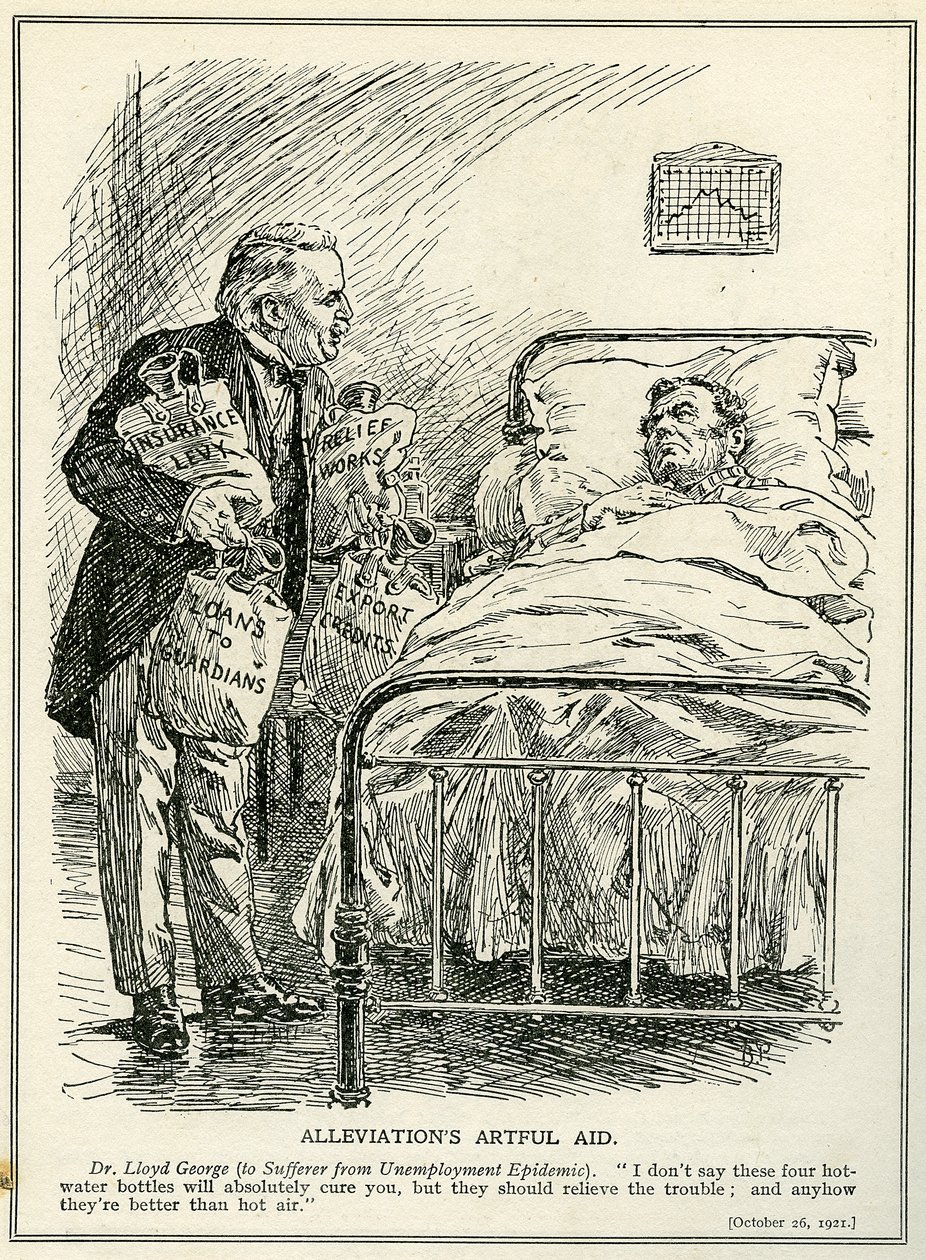 Dr Lloyd George föreslår att man ska bota den drabbade från arbetslöshetsepidemin med fyra varmvattenflaskor, "Insurance Levy", "Relief Works", "Loans" och "Export Credits" av Bernard John Partridge