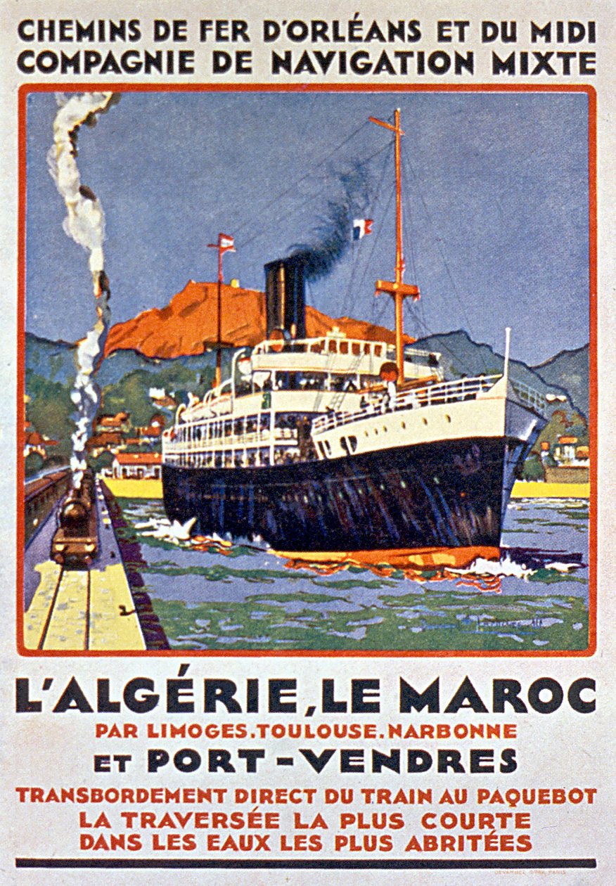 Reklamaffisch för fransk järnväg som går till Algeriet och Marocko från Frankrike via Limoges Toulouse Narbonne och Port Vendres ca 1900 av Bernard Lachevre