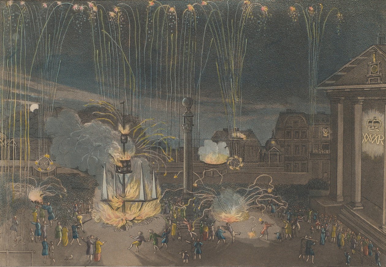 En perfekt beskrivning av fyrverkeriet i Covent Garden som framfördes under laddning av..., 1809. av Bernard Lens