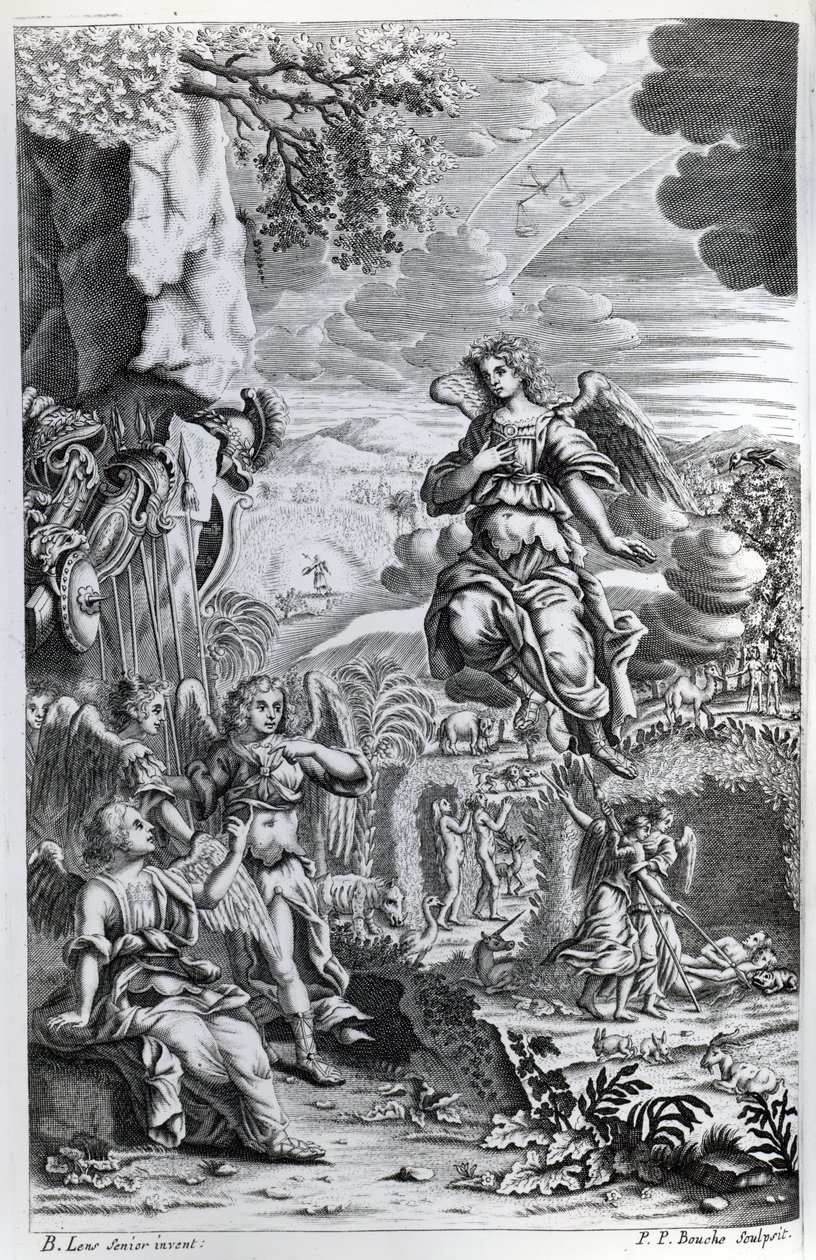 Ärkeängeln Uriel informerar Gabriel om att Satan är i Edens lustgård, illustration från 