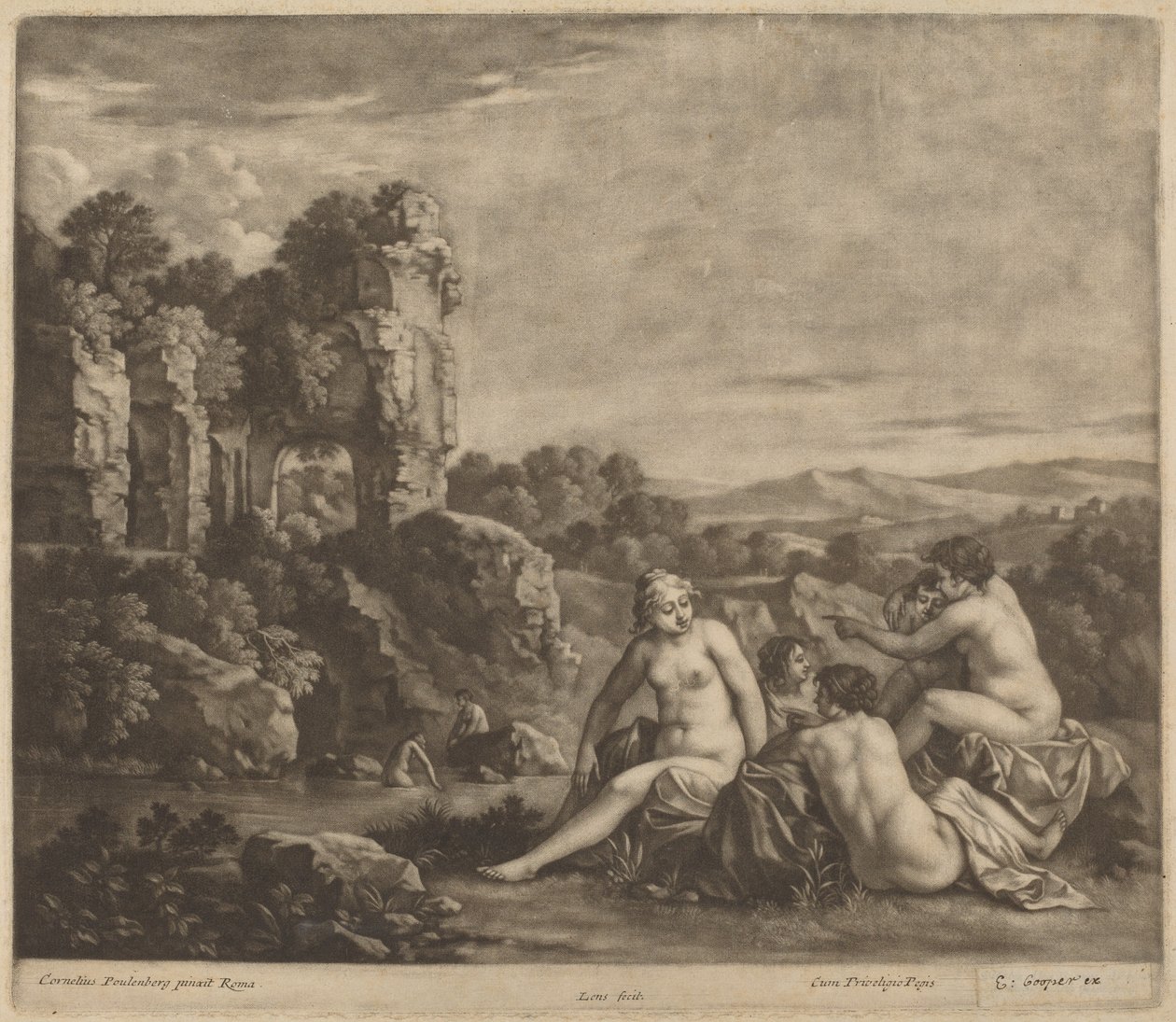 Badande i ett landskap av Bernard Lens, after Cornelis van Poelenburch