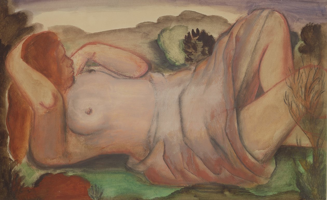 Liggande naken i ett landskap, ca 1940 (gouache, akvarell och penna) av Bernard Meninsky