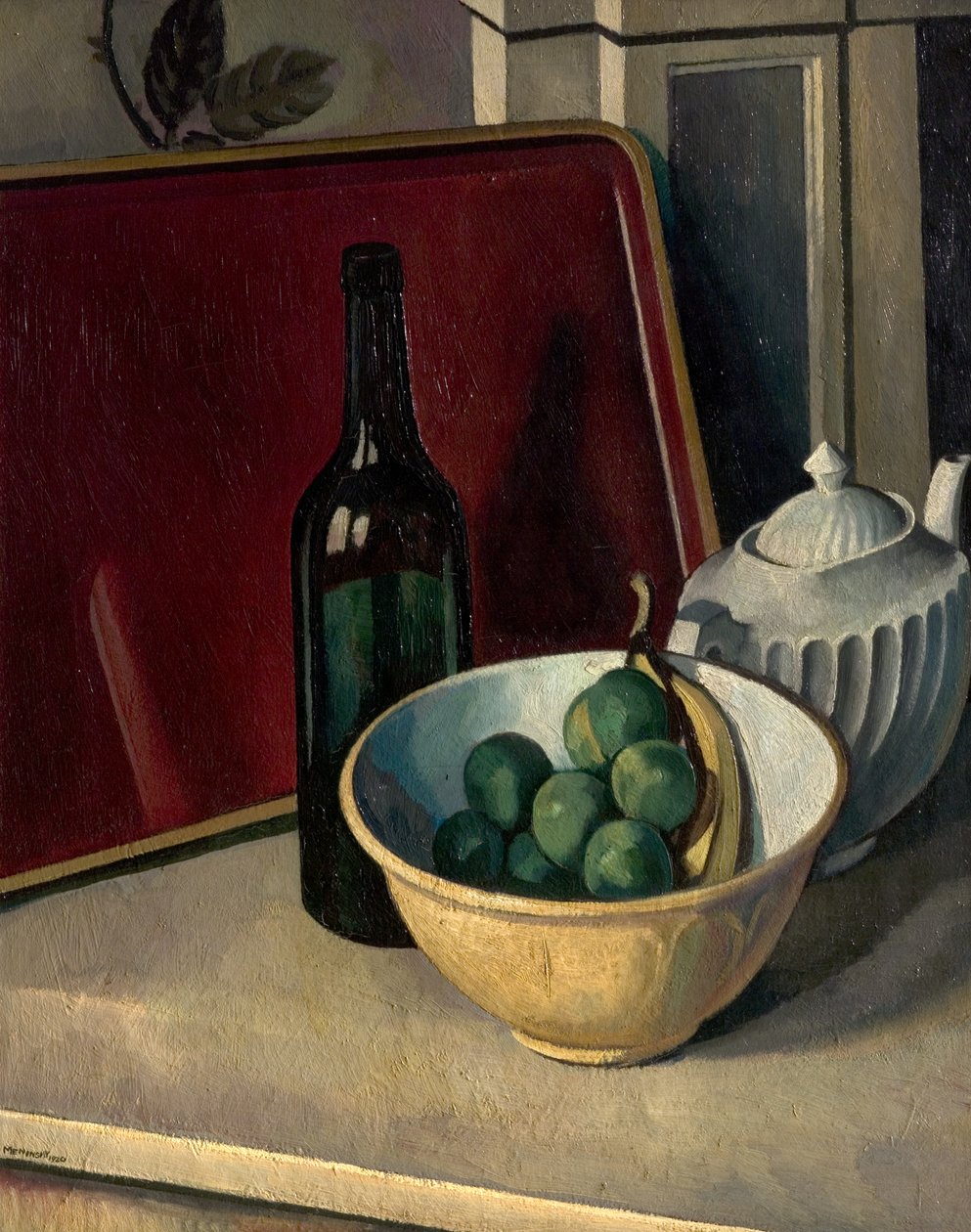 Stilleben med gul skål och frukt av Bernard Meninsky