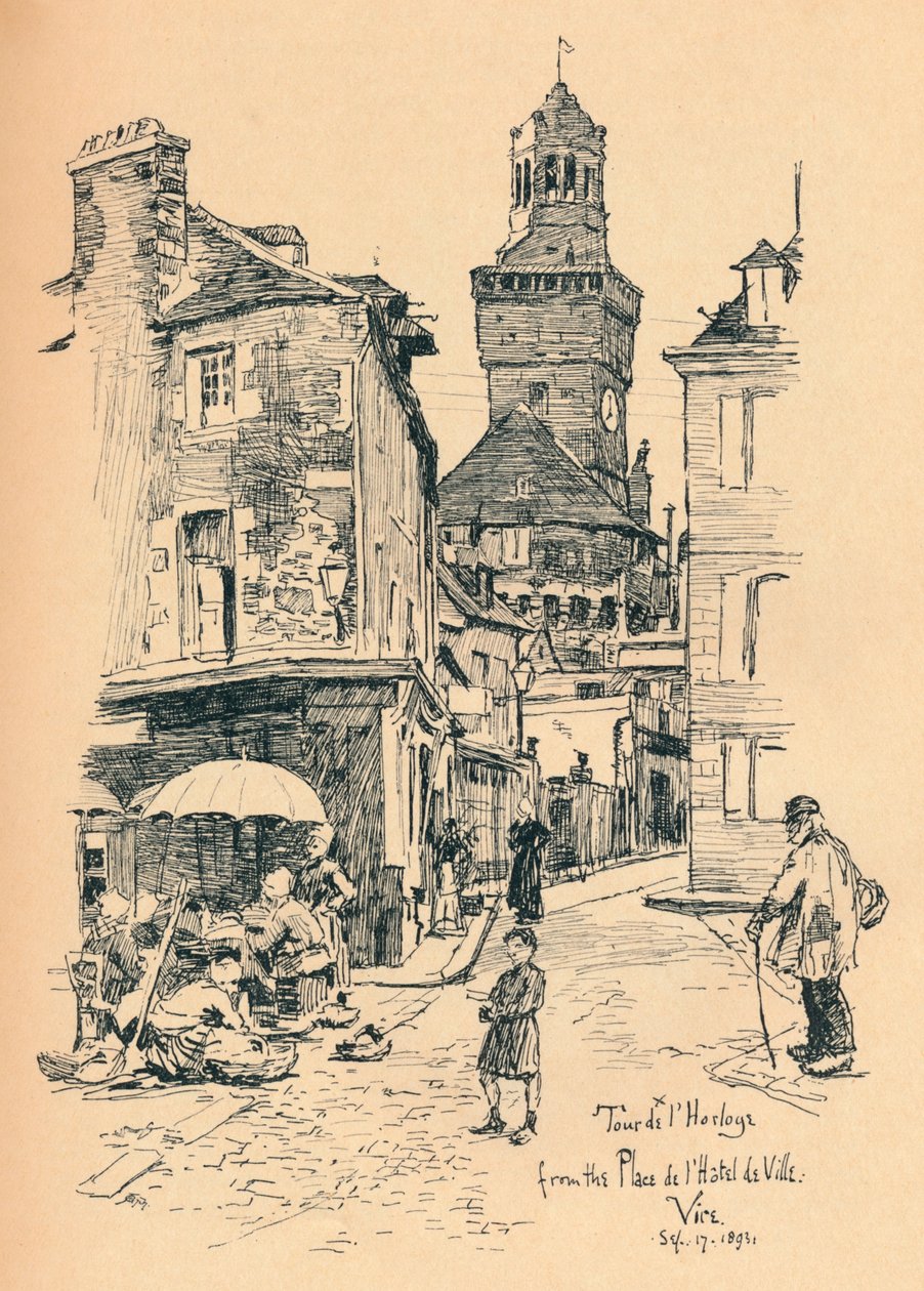 Klocktorn, Vire, c1893 av Bernard Partridge