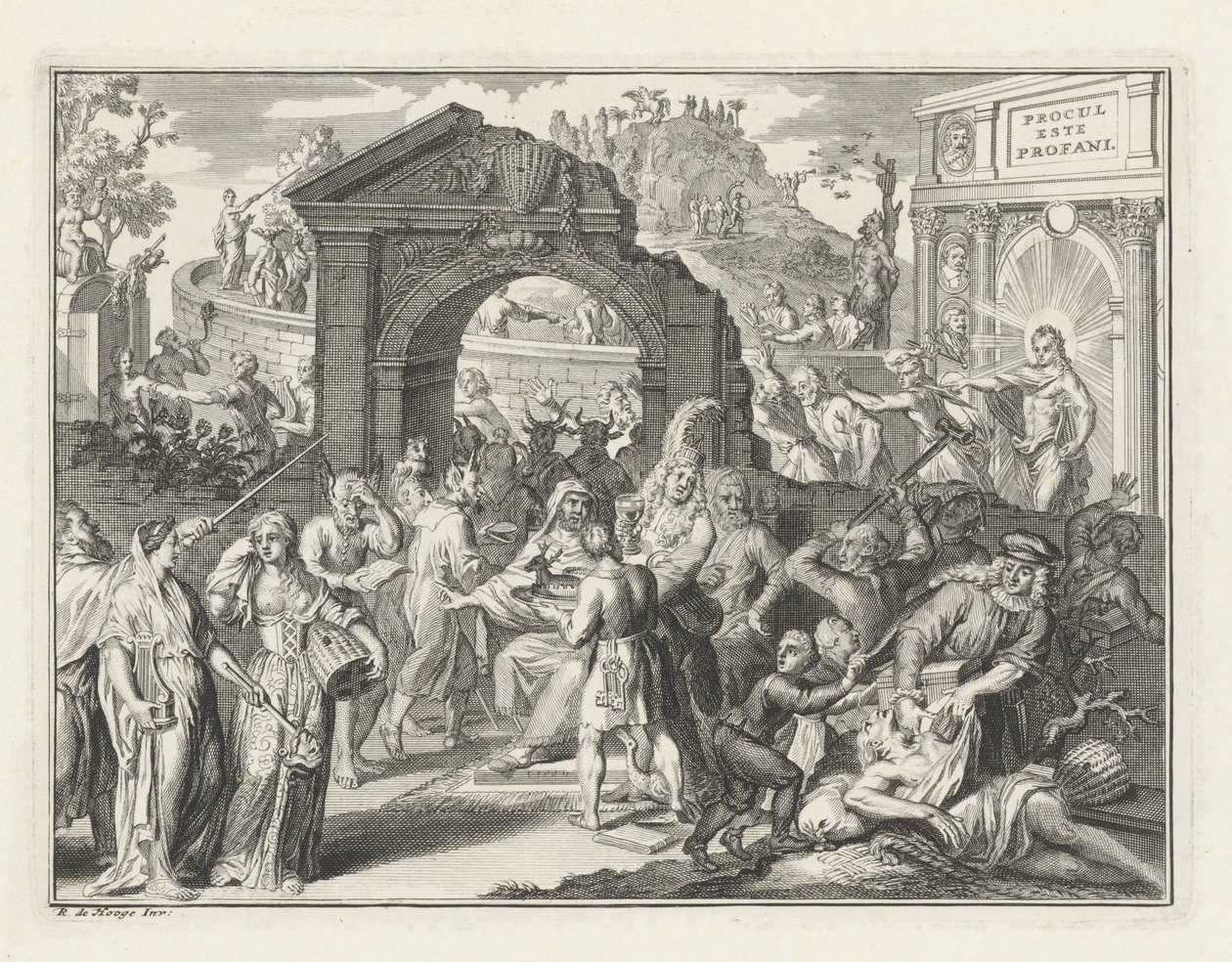 Tecknad film om Schouwburg-kontroversen, ca 1685 av Bernard Picart (attributed to)