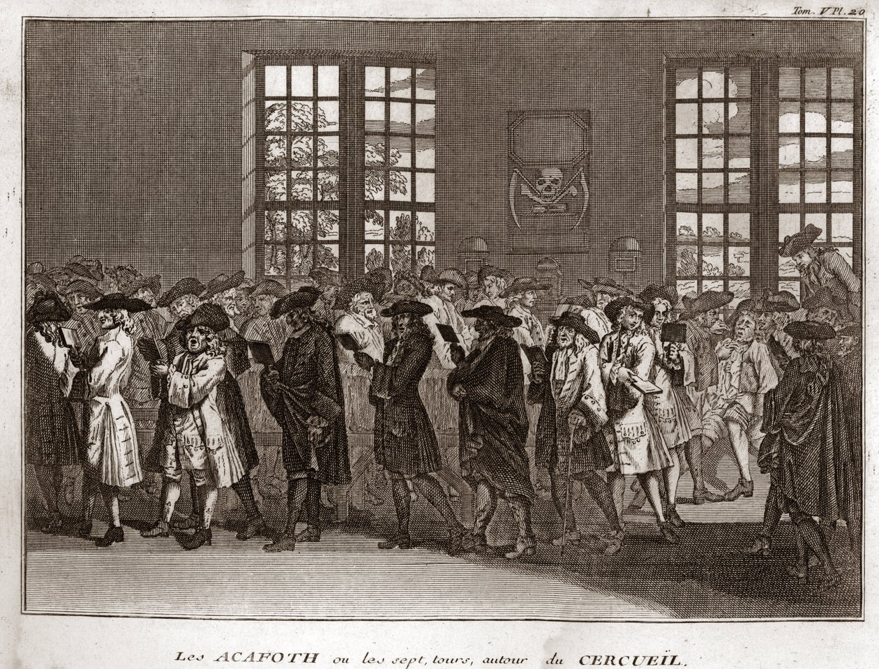 En församling av judiska sörjande som utför ""Acafoth"" vid en begravning Gravyr från "" Illustration av religiösa ceremonier och seder hos alla världens folk" av Bernard Picart (1723-1743) 1819 Privat samling av Bernard Picart