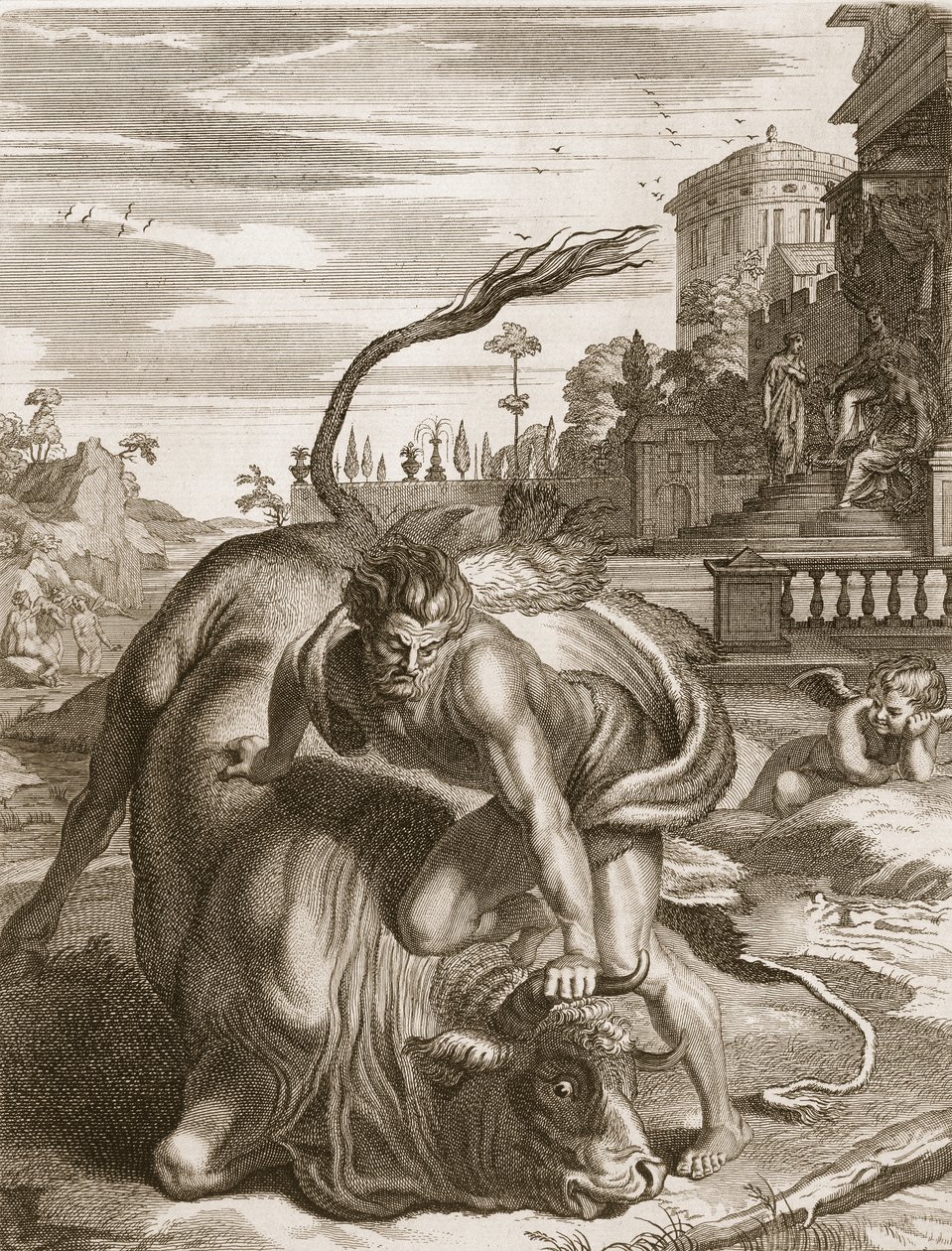 Achelous i form av en tjur besegrades av Hercules, 1731 av Bernard Picart