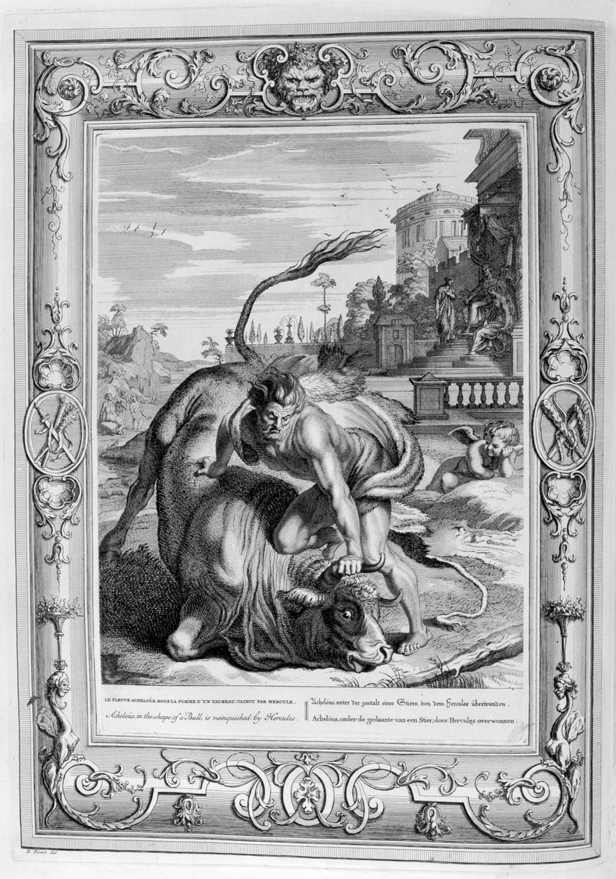 Achelous i form av en tjur besegrades av Hercules, 1733 av Bernard Picart
