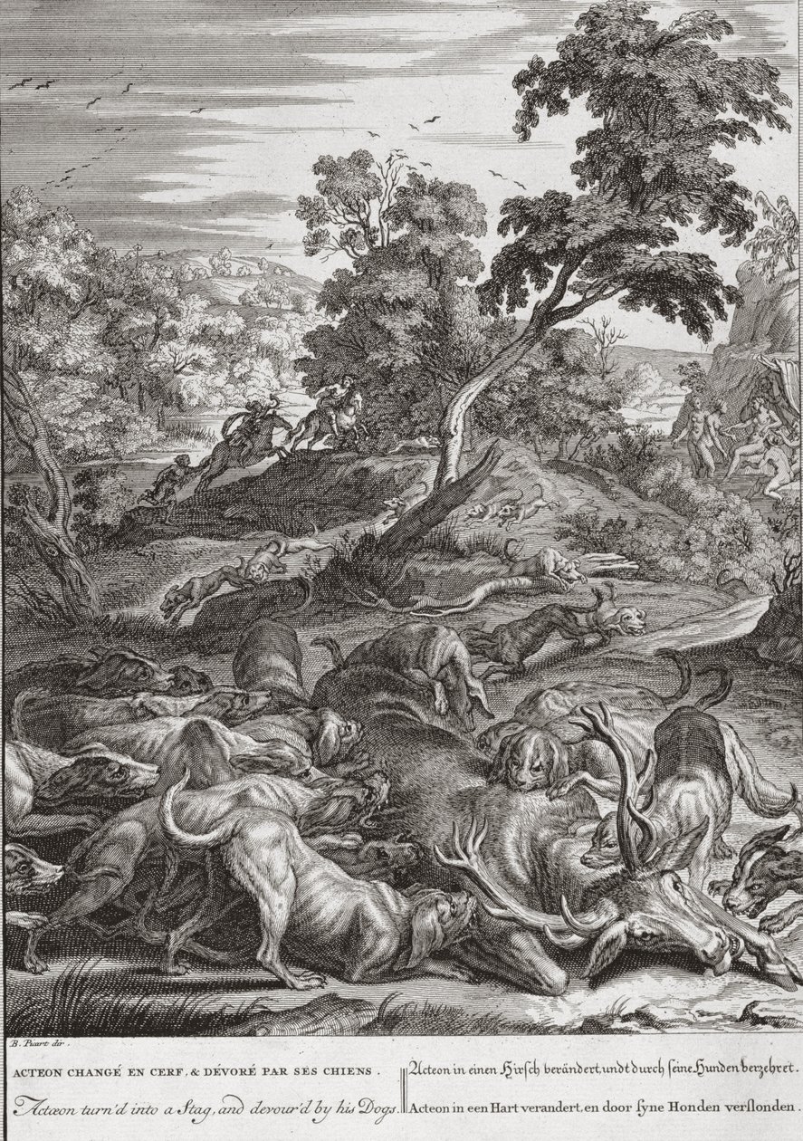 Actaeon förvandlades till en hjort och slukade av sina hundar 1731 av Bernard Picart