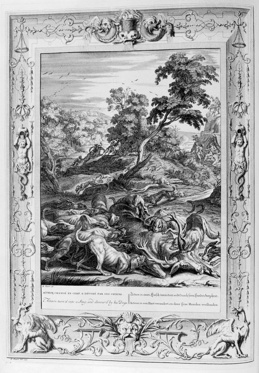 Actaeon förvandlades till en hjort och slukade av sina hundar 1733 av Bernard Picart