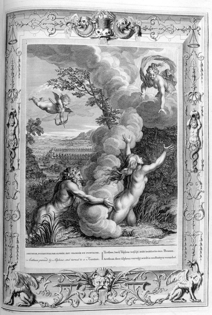 Arethusa förföljdes av Alpheus och förvandlades till en fontän, 1733 av Bernard Picart