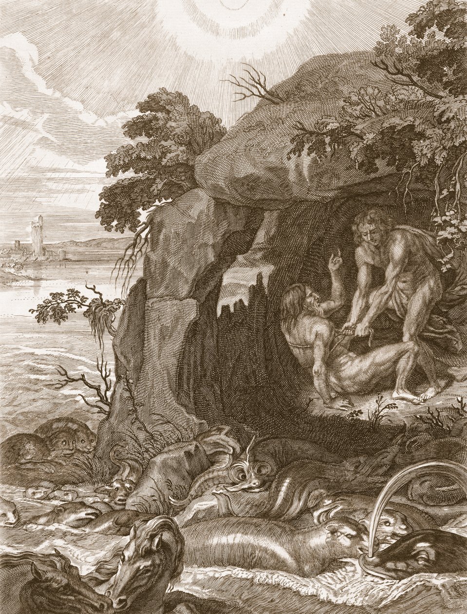 Aristeus tvingar Proteus att avslöja sina orakel, 1731 av Bernard Picart