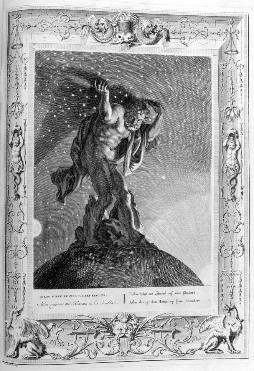 Atlas stöder himlen på sina axlar, 1733 av Bernard Picart