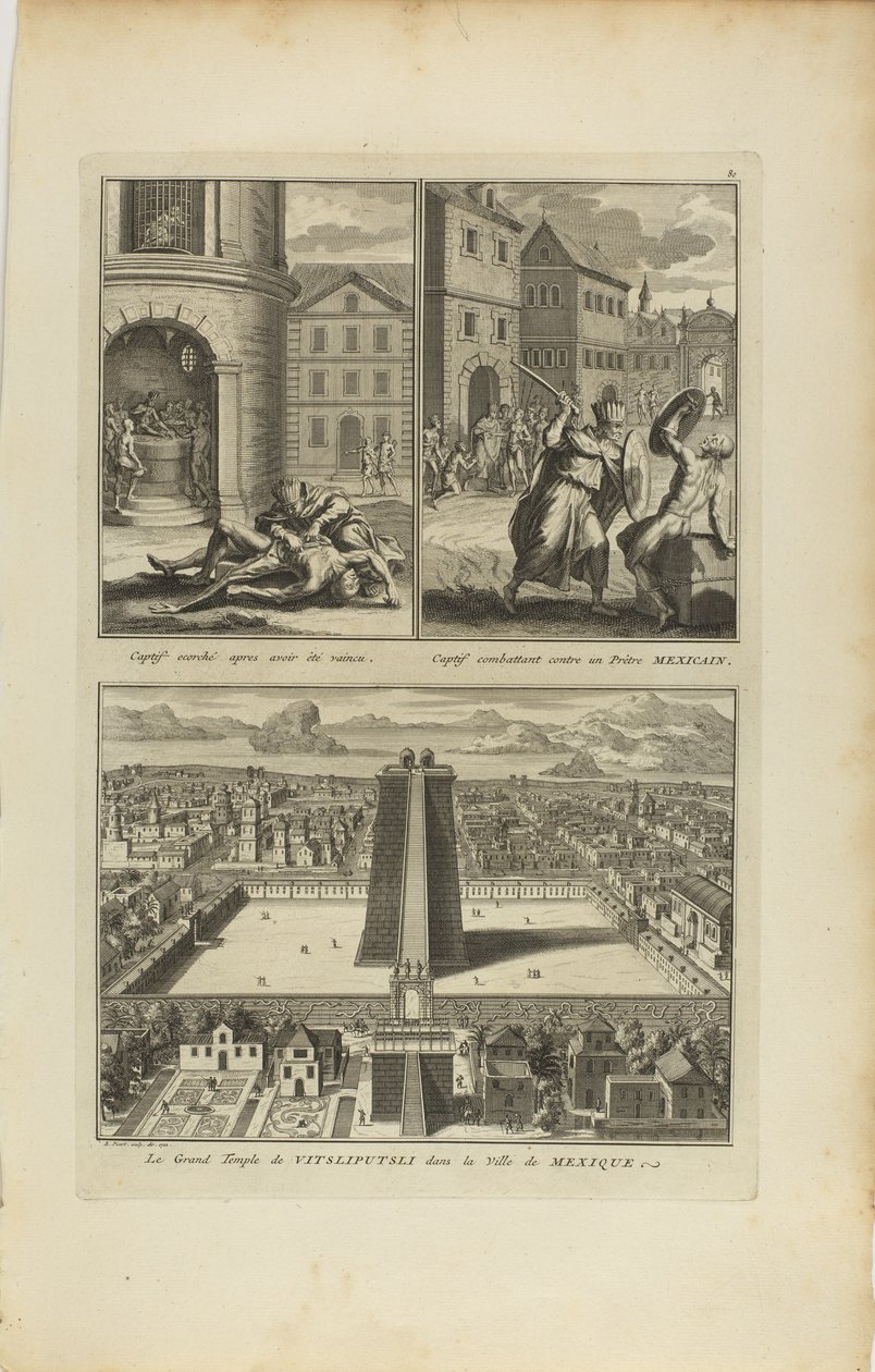 Flådd fånge.../Fäktande fånge/Vitzliputslis stora tempel av Bernard Picart