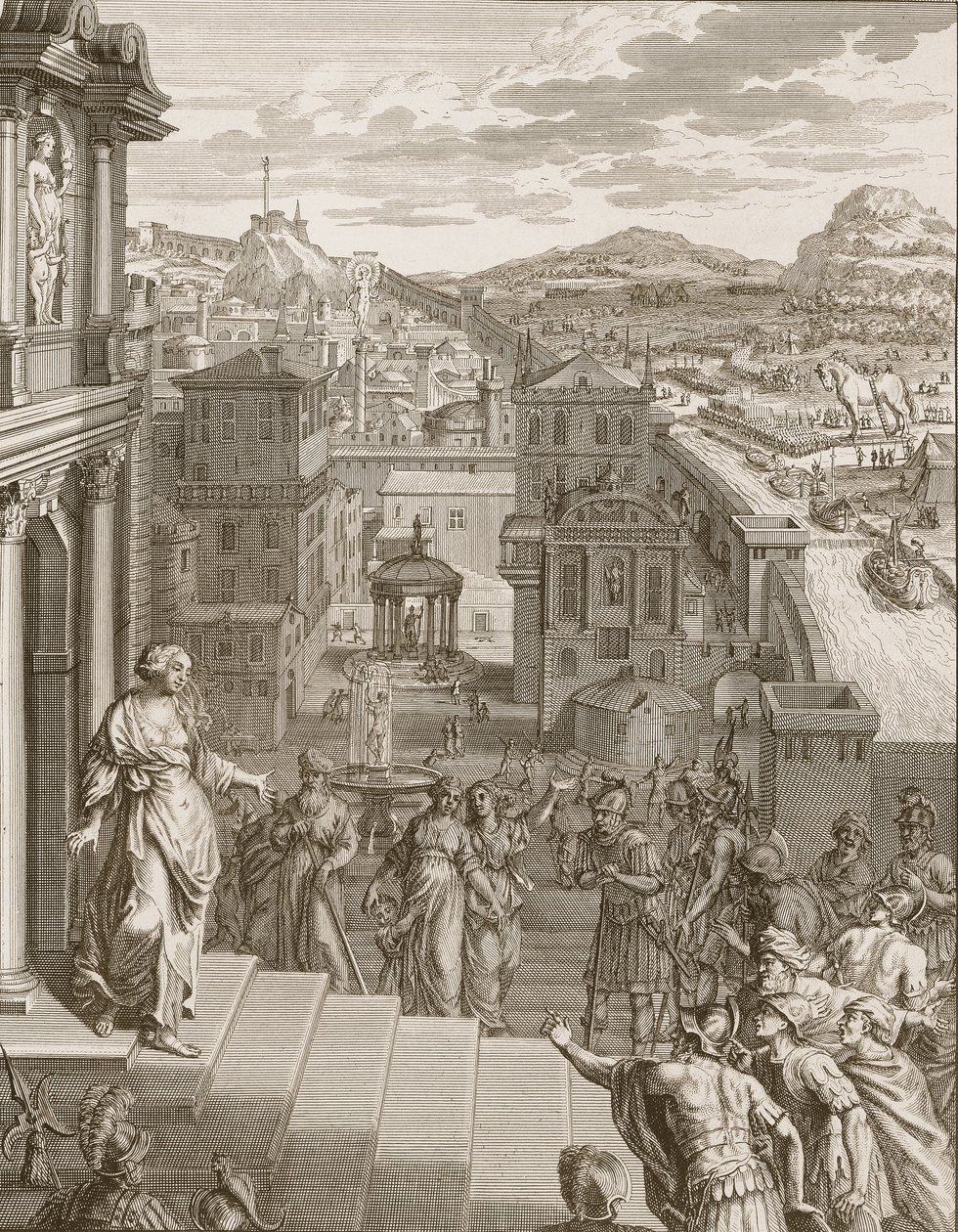 Cassandra förutsäger trojanerna deras öde och blir inte trodd, 1731 av Bernard Picart