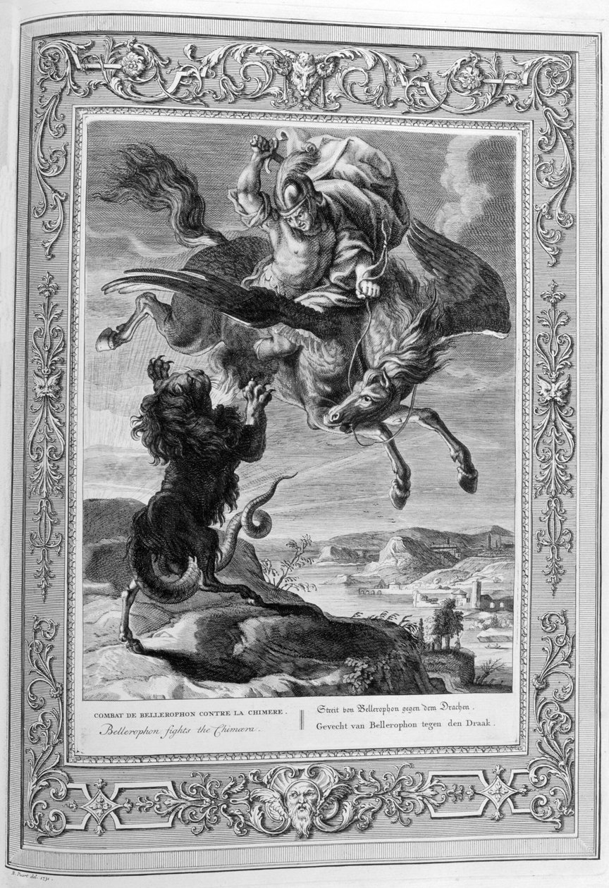 Chimera dödad av Bellerophon (gravyr) av Bernard Picart