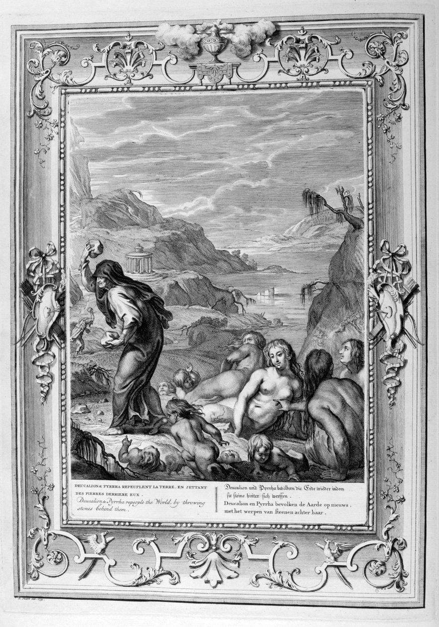 Deucalion och Pyrrha repeopeperar världen genom att kasta sten bakom dem, 1733 av Bernard Picart