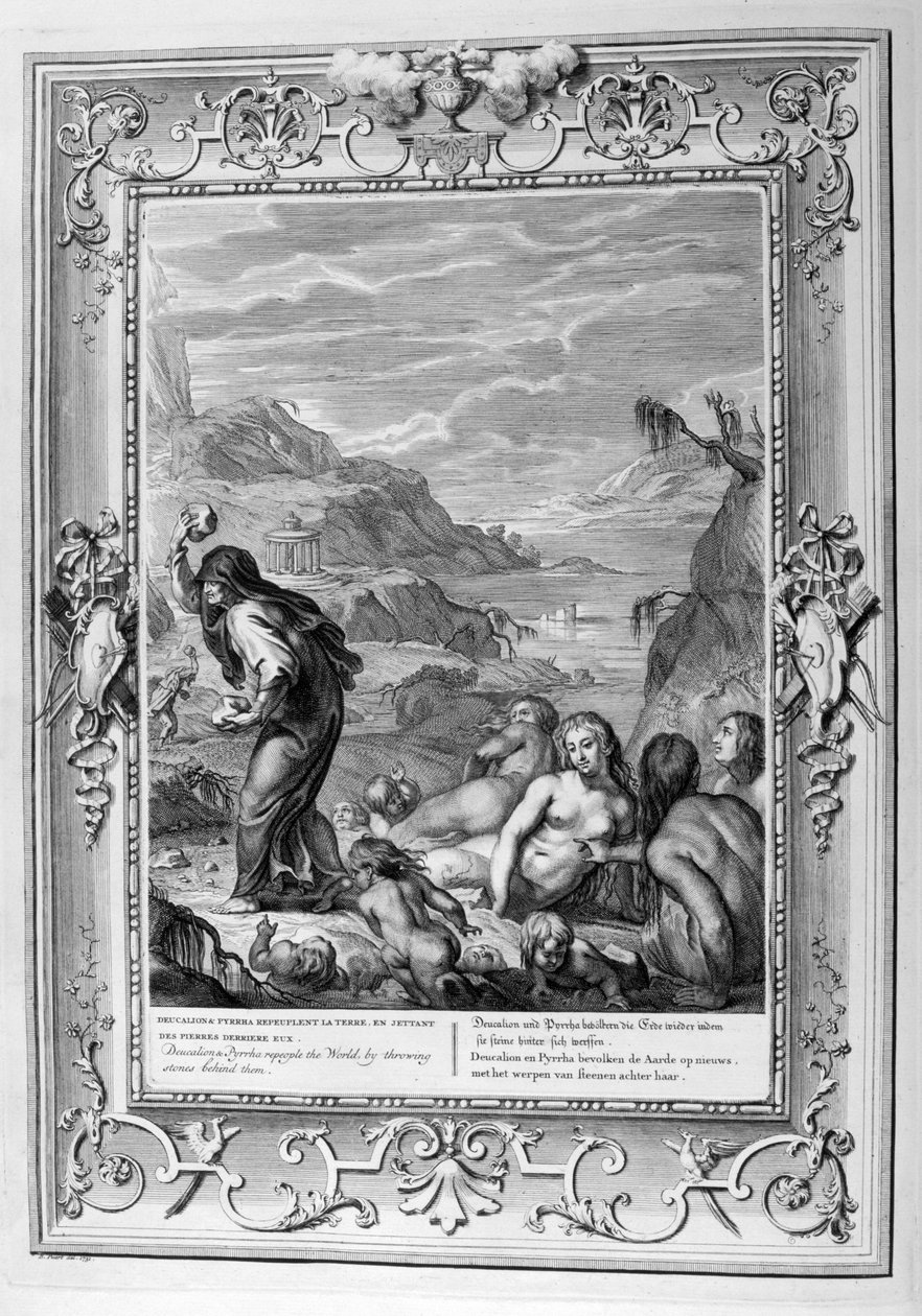 Deucalion överlever syndafloden med sin fru Pyrrha (gravyr) av Bernard Picart