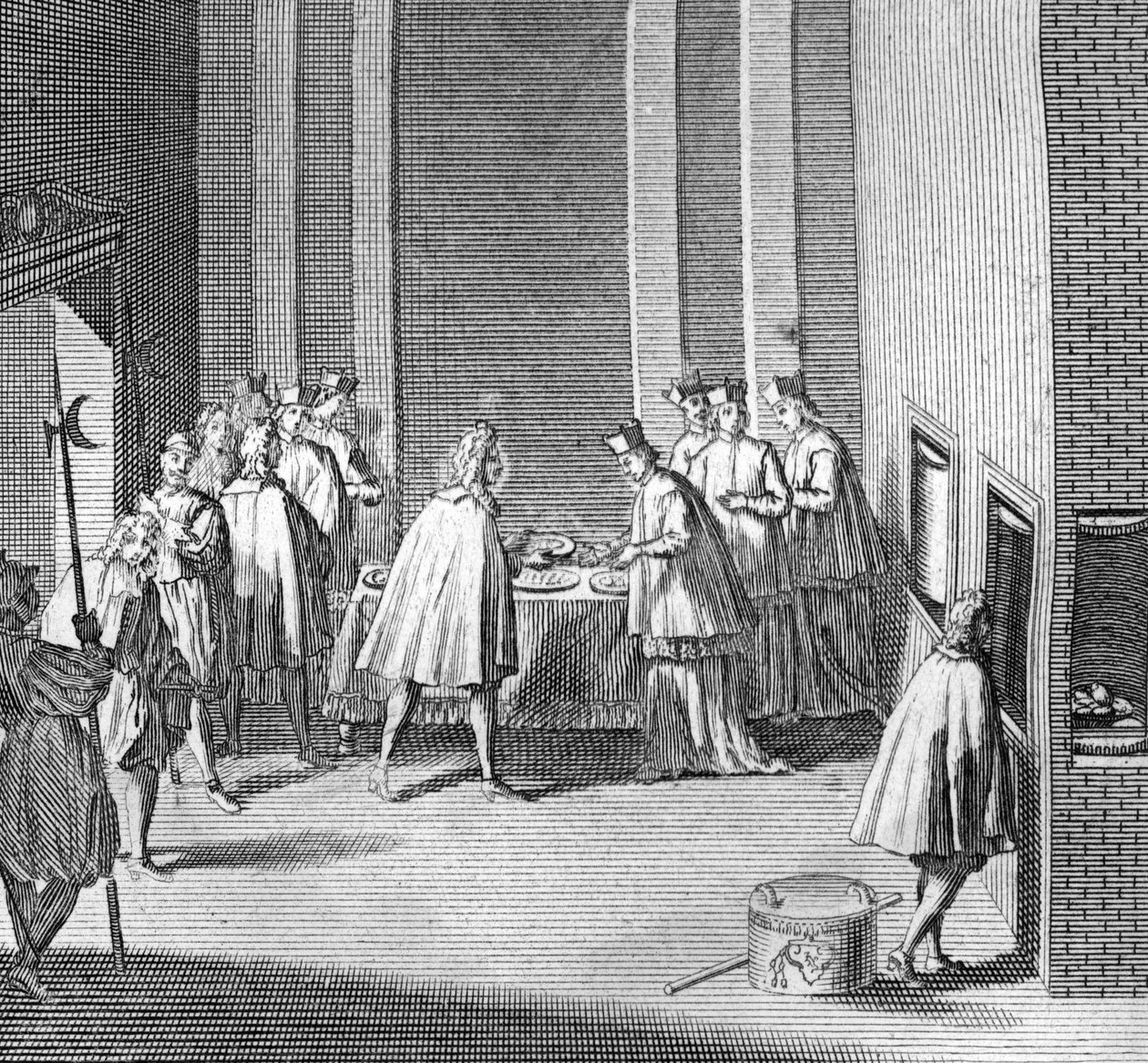 Olika stadier av konklaven, kardinalmöte för val av en ny påve: val av ny påve under konklavet i Sixtinska kapellet, Vatikanen: maten kontrolleras under konklaven) Gravyr från "Illustration av religiösa cer". av Bernard Picart