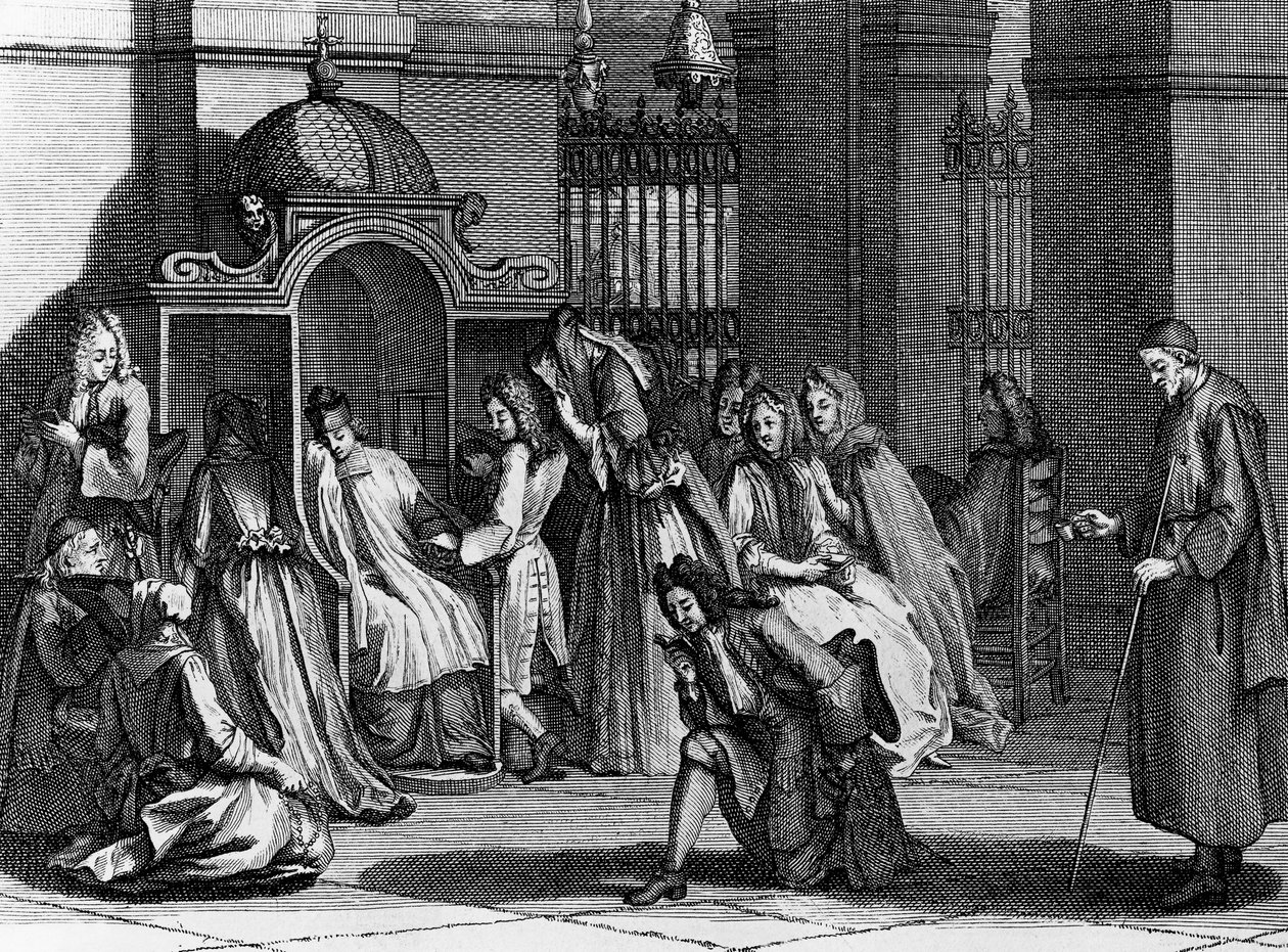 Trofast väntan framför biktstolen, gravyr av Bernard Picart (1673-1733) från religiösa ceremonier och seder hos alla världens folk av Bernard Picart