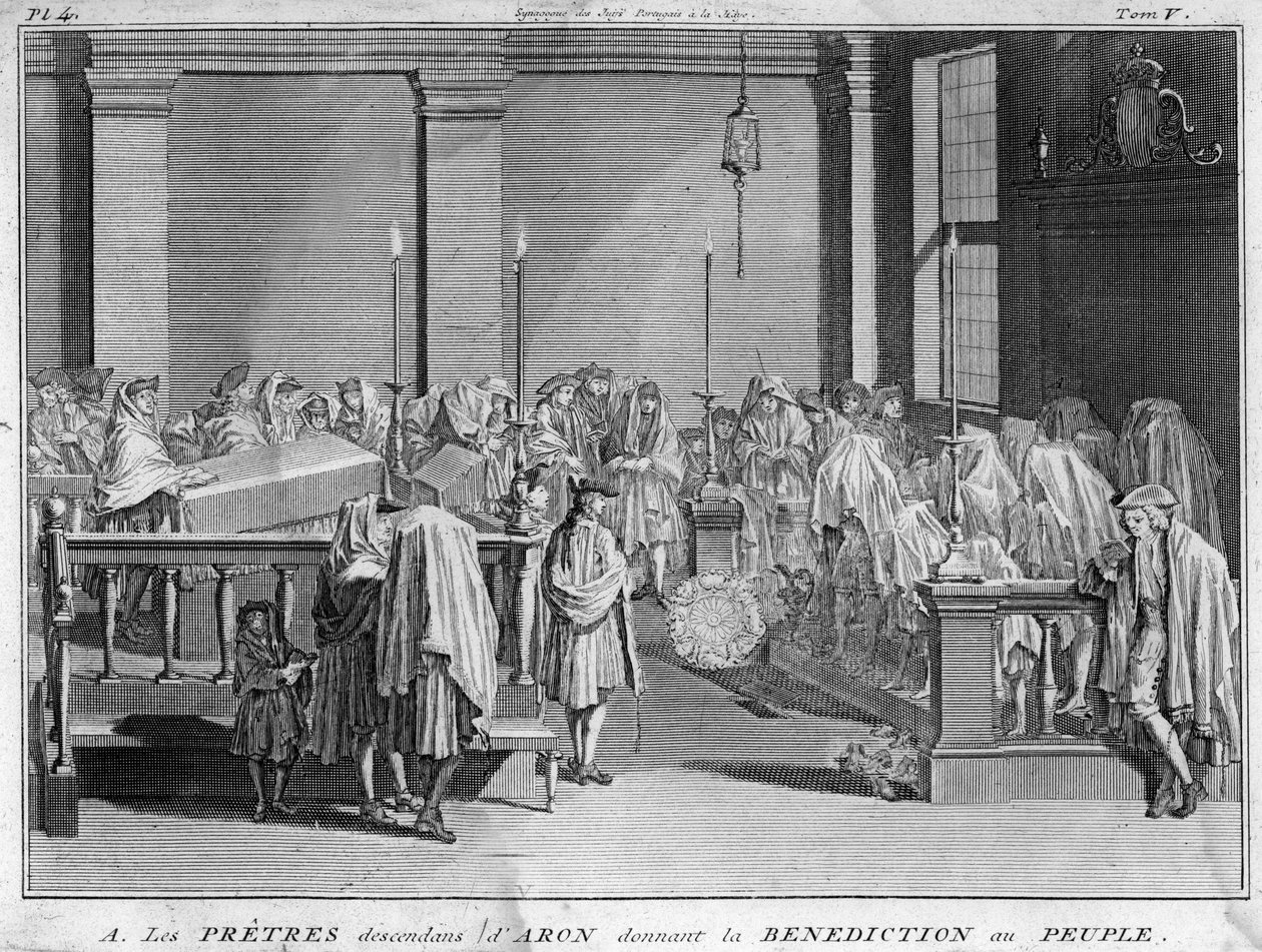 Israels överstepräst tillhörande de judiska prästerliga familjerna som spårar sin faderslinje tillbaka till Aron ger sin välsignelse till det judiska folket Gravyr från "" Illustration de ceremonies et customs religieuses de tous les peuples du monde"" av  av Bernard Picart