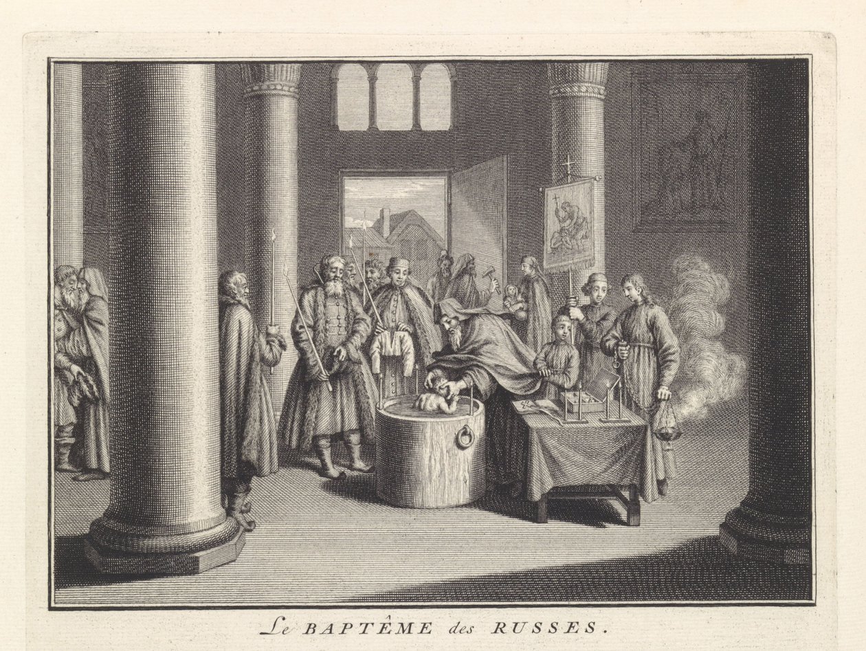 Spädbarnsdop i Ryssland, 1732 av Bernard Picart