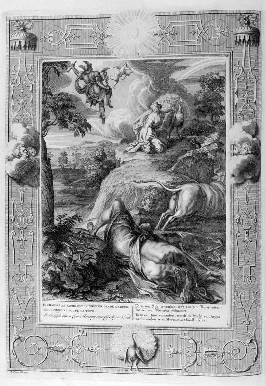 Io förvandlades till en ko: Merkurius skär av Argus huvud, 1733 av Bernard Picart