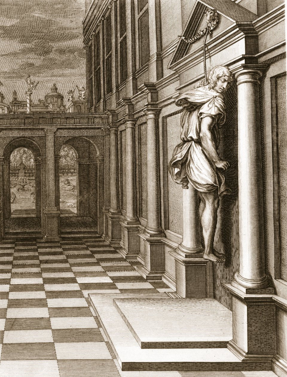 Iphis hänger sig i förtvivlan över att han inte kunde vinna Anaxarete, 1731 av Bernard Picart