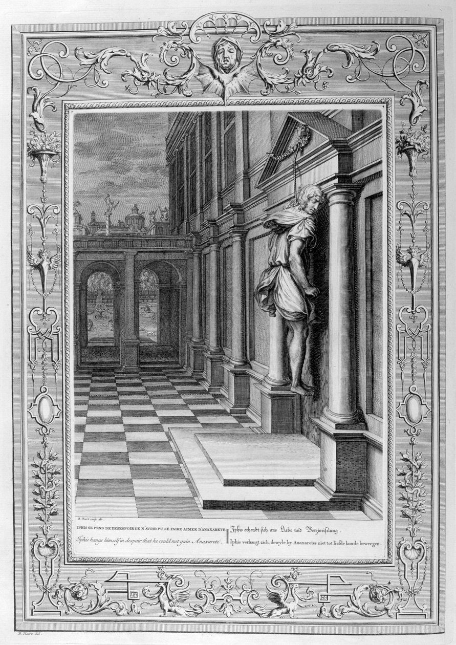 Iphis hänger sig själv i förtvivlan över att han inte kunde vinna Anaxarete, 1733 av Bernard Picart