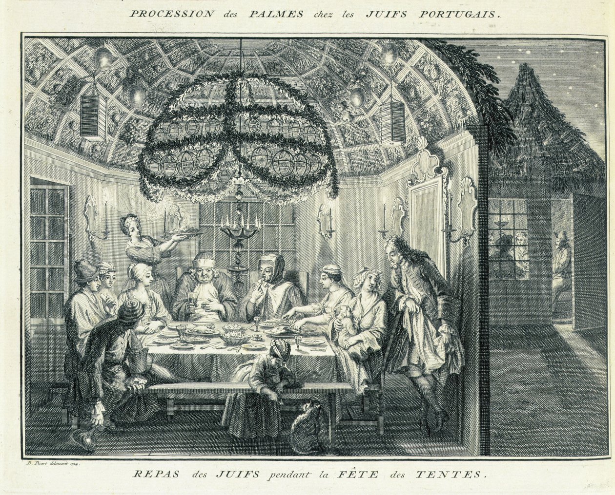 Judisk måltid under lövhyddornas högtid, illustration från "Religiösa ceremonier och seder", 1724 av Bernard Picart